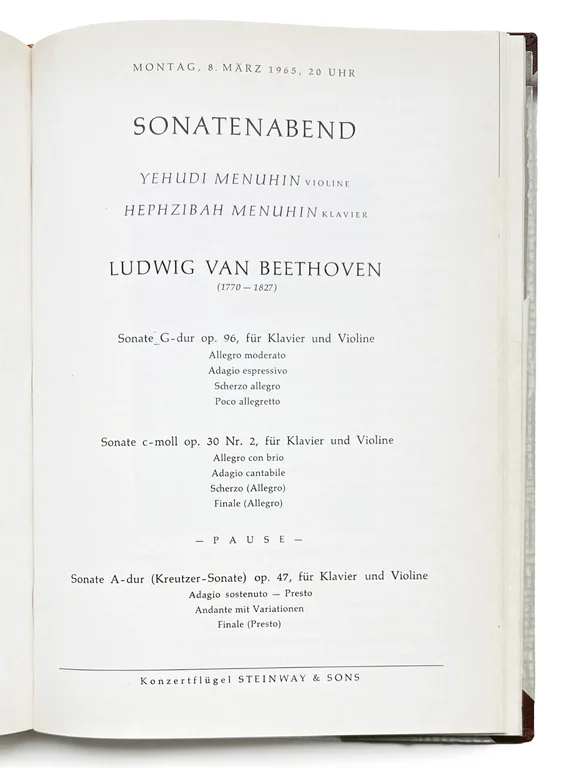 Programmseite des Konzerts von Yehudi und Hepzibah Menuhin bei PRO MUSICA am 8. März 1965.
