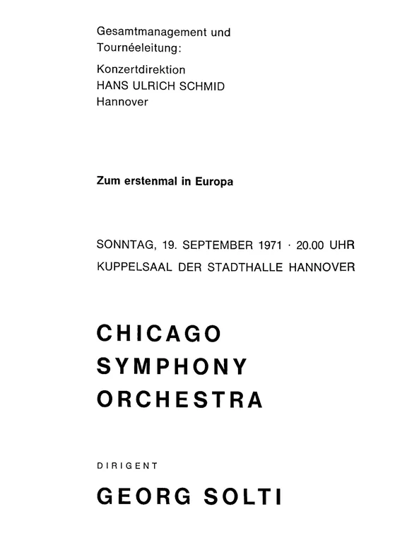 Programmheftcover des Konzerts von Georg Solti und dem Chicago Symphony Orchestra bei PRO MUSICA am 19. September 1971.