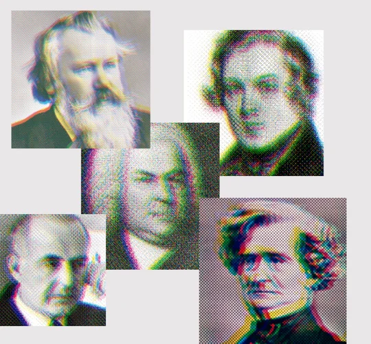 Johannes Brahms, Johann Sebastian Bach, Robert Schumann, Hector Berlioz und Samuel Barber © Gestaltanstalt